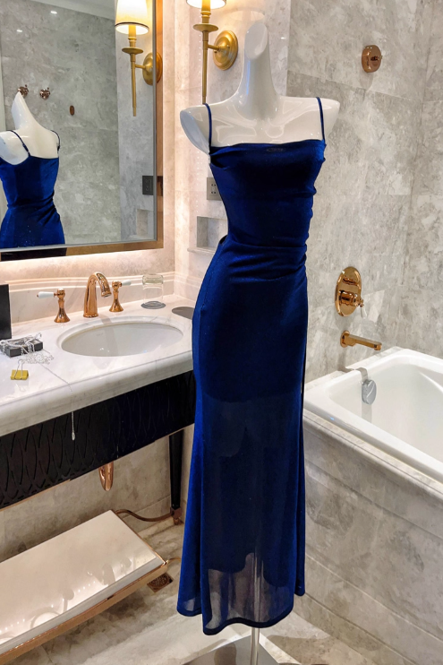 Royal Blue Stunning Sheath Spaghetti Strap Tulle Prom Dress Evening Dress SH4081