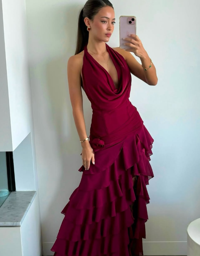 Pretty A Line V Neck Layered Chiffon Open Back Prom Dress Evening Dress SH4041