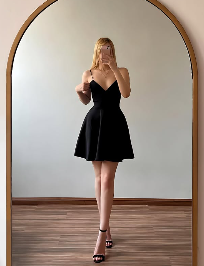 Black A Line Spaghetti Strap Satin Short Prom Dress Homecoming Dress SH9069