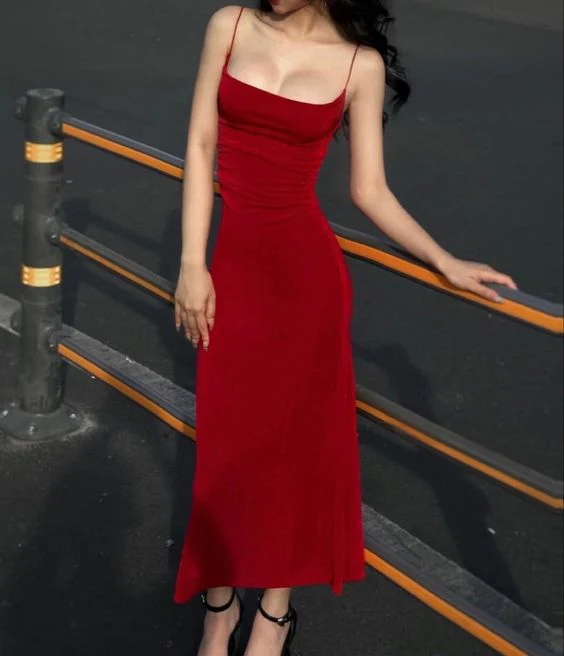 Classic Spaghetti Straps Red Sheath Evening Dress Prom Dress SH1524