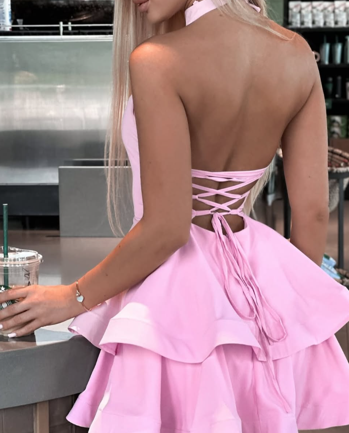 Pink A Line Halter Layered Pink Satin Open Back Short Homecoming Dress Cocktail Dress SH3173