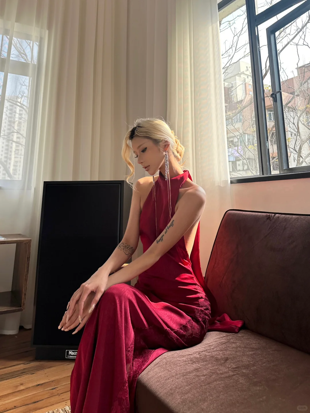 Sexy Burgundy A Line Halter Lace Satin Open Back Prom Dress Wedding Guest Dress SH4465