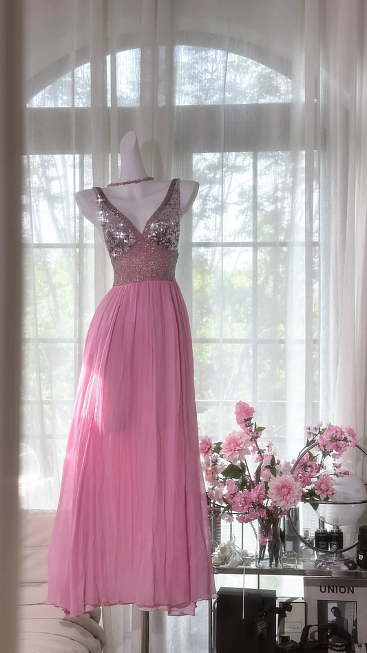 Shiny Pink Beaded Silver Sequin V Neck Chiffon Date Dress Evening Dress Wedding Guest Dress SH3438