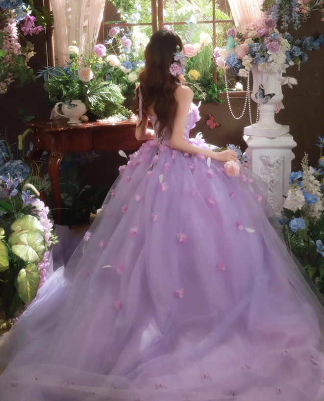 Purple Ball Gown Strapless Corset Floral Tulle Prom Dress 16th Birthday Dress SH4053