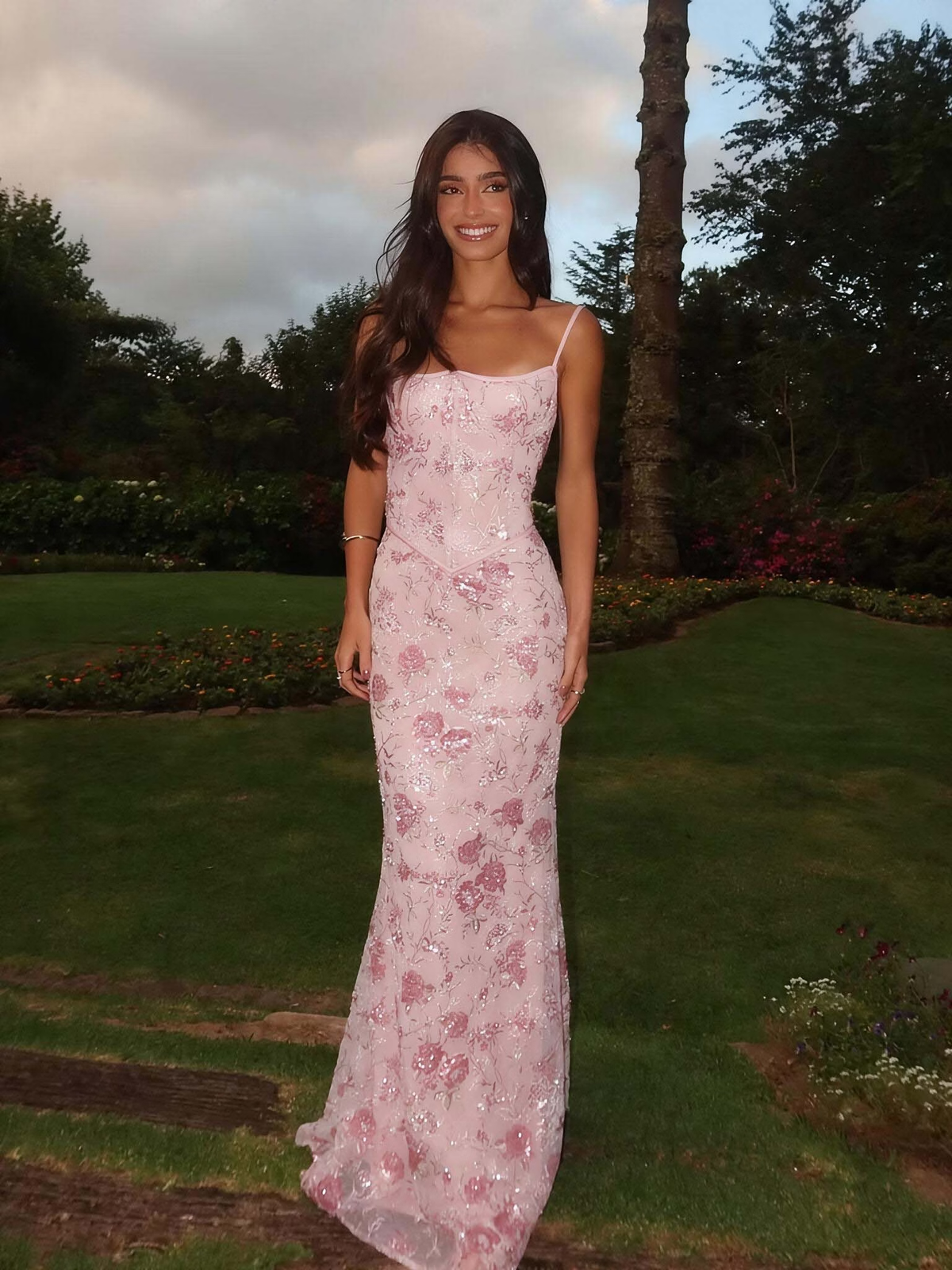 Pink Spaghetti Straps Long Mermaid Prom Dress With Sequins And Embroidery Appliques SH8533