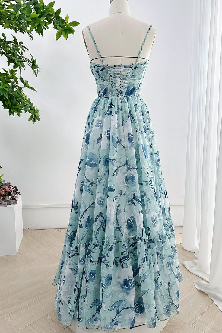 Spaghetti Straps Corset Floral Chiffon Tiered Prom Dress SH1373