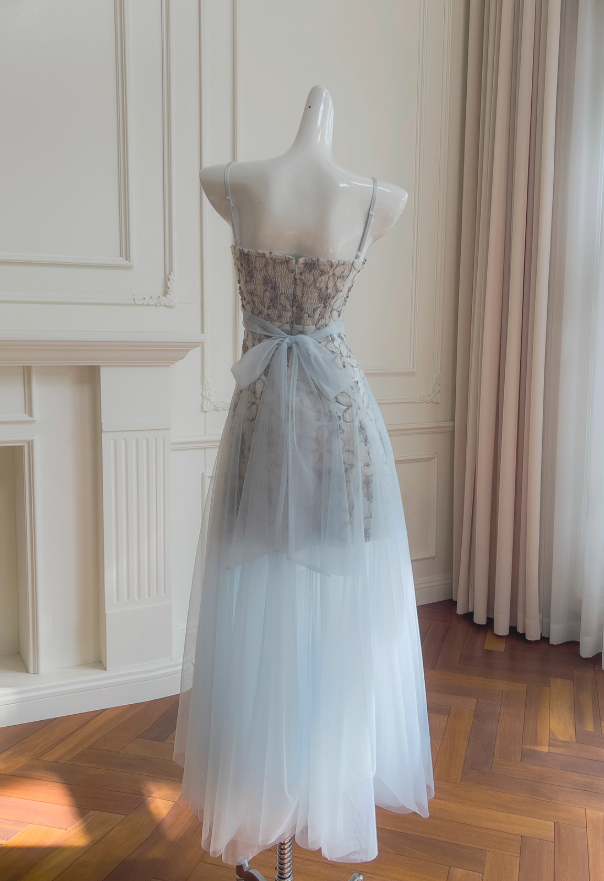 Stunning A Line Spaghetti Strap Floral Blue Tulle Prom Dress Wedding Guest Dress SH4505