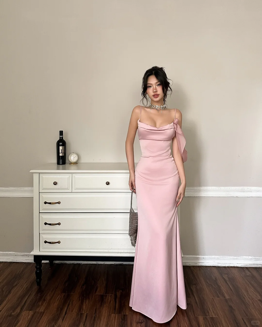 Simple Mermaid Spaghetti Strap Pink Satin Backless Party Dress Evening Dress SH3351