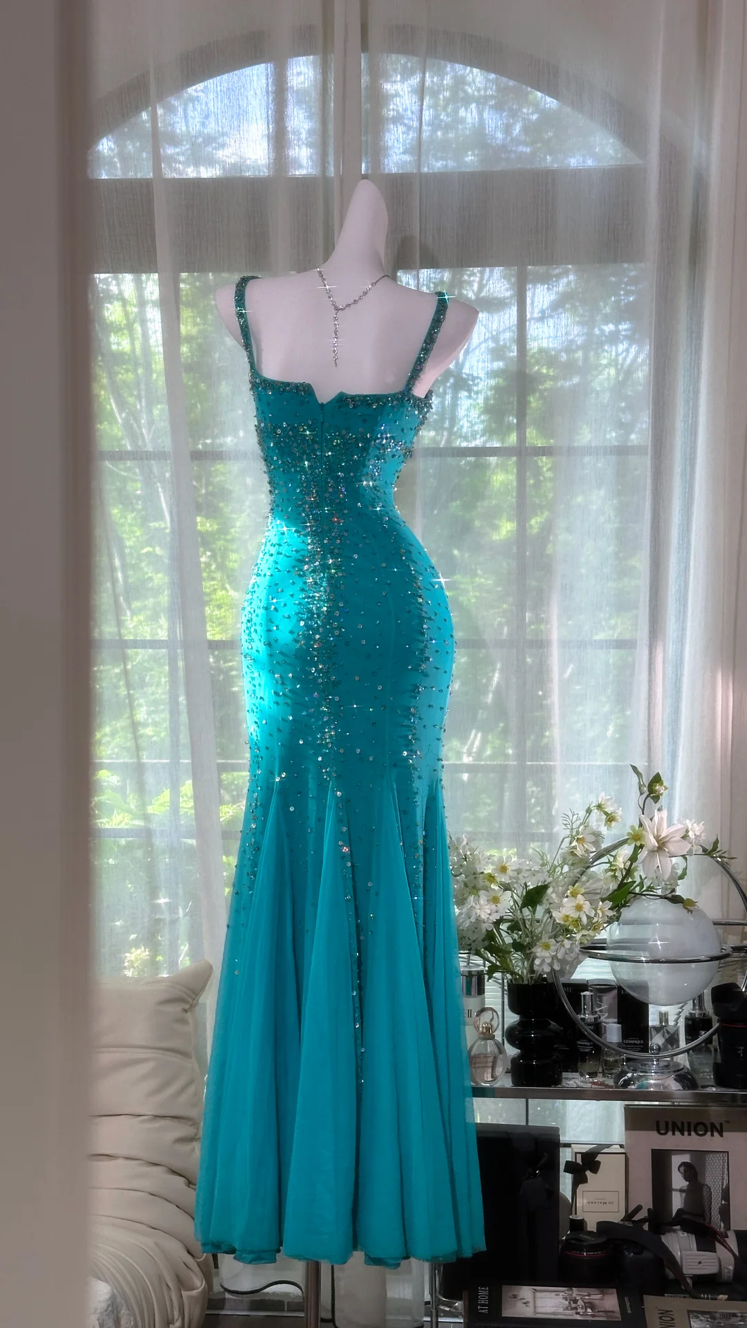 Vintage Peacock Blue Mermaid Spaghetti Strap Beaded Chiffon Prom Dress 22th Birthday Dress SH4414
