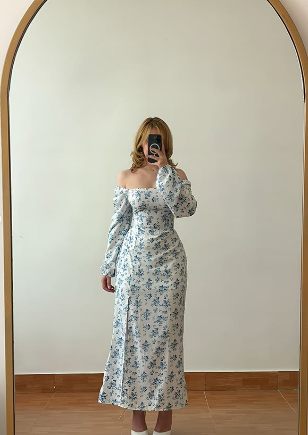 Sweety Blue Print A Line Long Sleeve Satin Prom Dress Evening Dress SH6887