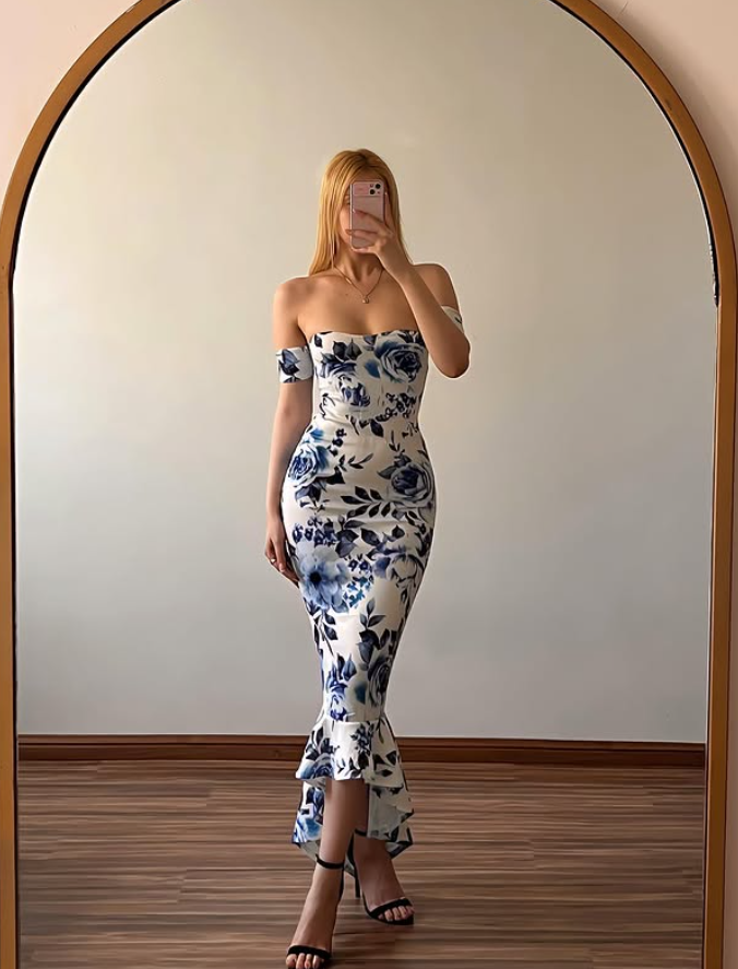 Vintage Mermaid Off the Shoulder Blue Print Floral Satin Prom Dress Evening Dress SH6961