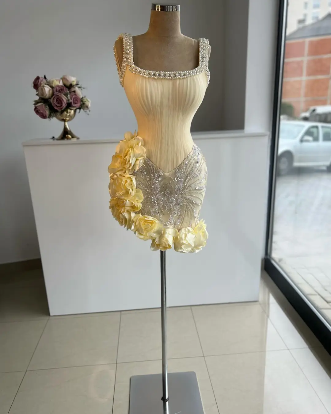 Stunning Sheath Straps Beaded Yellow Satin Tulle Short Homecoming Dress Cocktail Dress SH3194