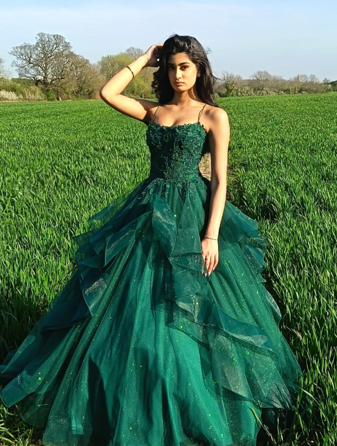 Emerald A Line Spaghetti Strap Lace Ruffle Tulle Prom Dress Birthday Dress SH9017