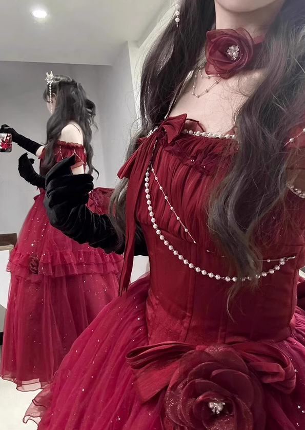 Burgundy Ball Gown Straps Pearls Sequin Tulle Prom Dress 16th Birthday Dress SH4913