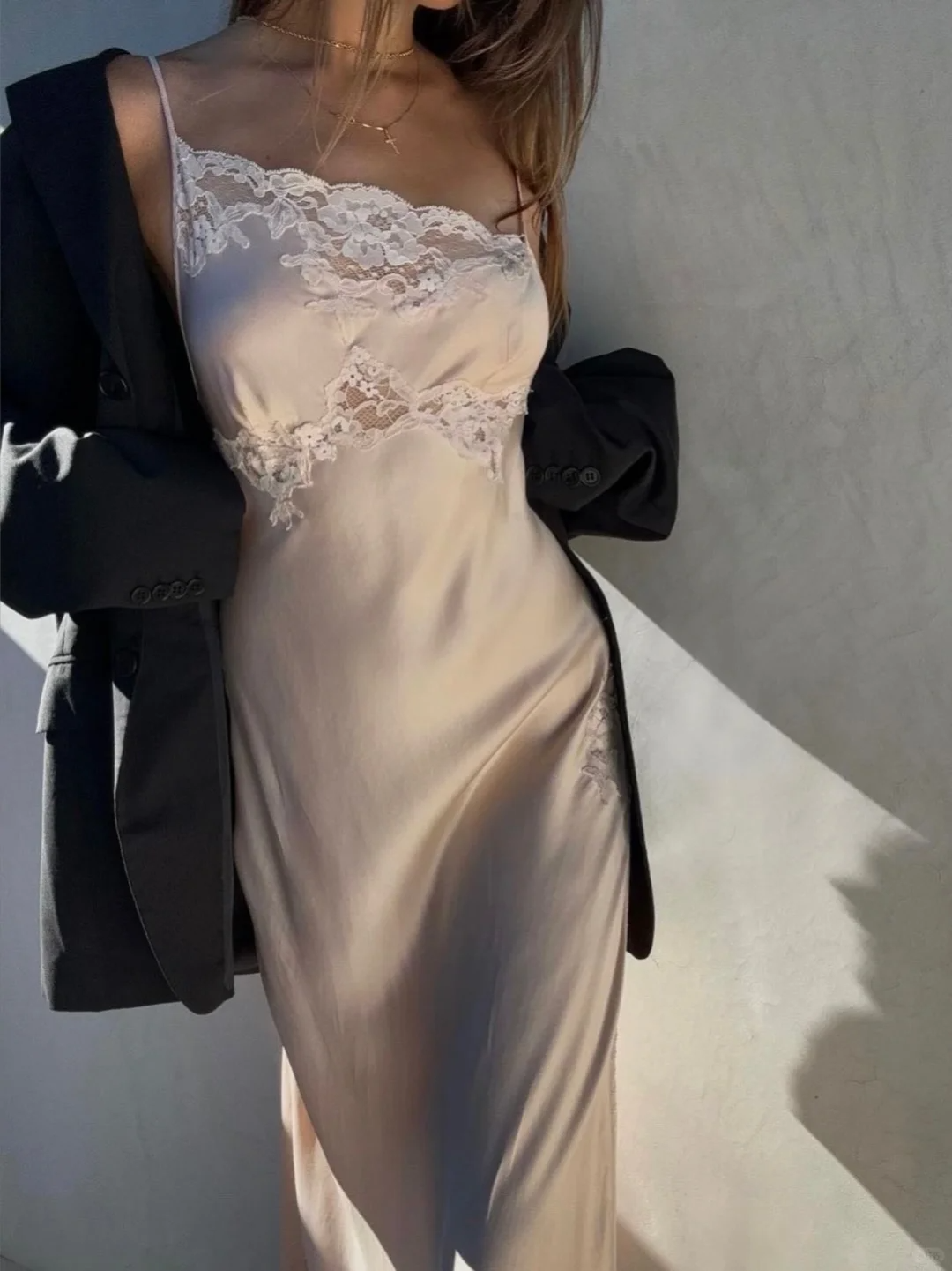 Simple A Line Spaghetti Strap Lace Satin Party Dress Wedding Guest Dress with Slit SH3901