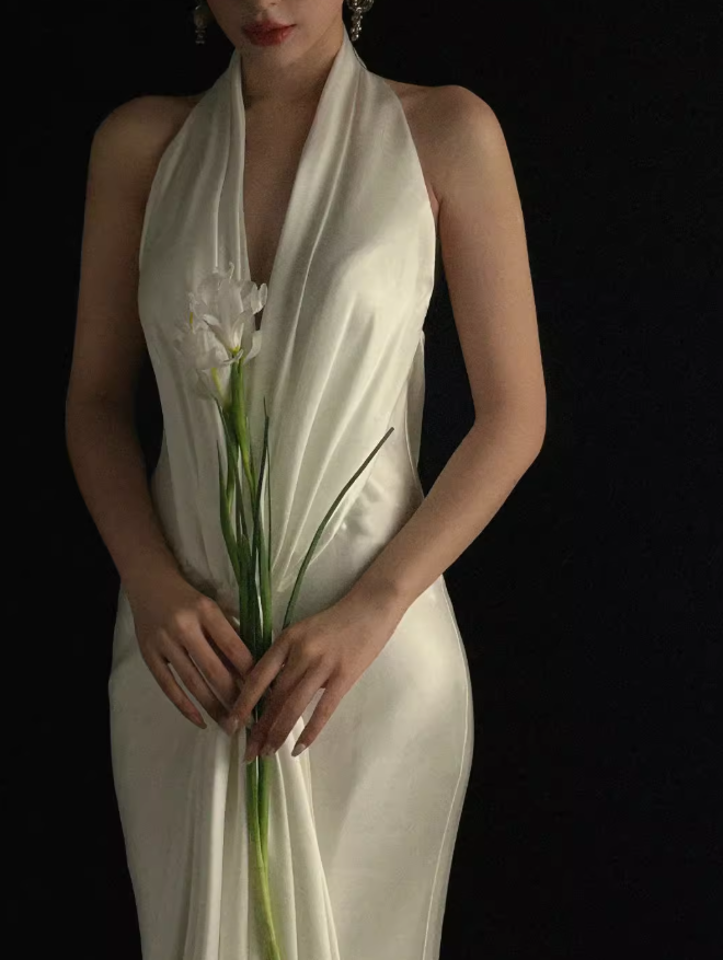 Simple V Neck Ruffle V Neck White Satin Long Prom Dress Evening Dress SH4379