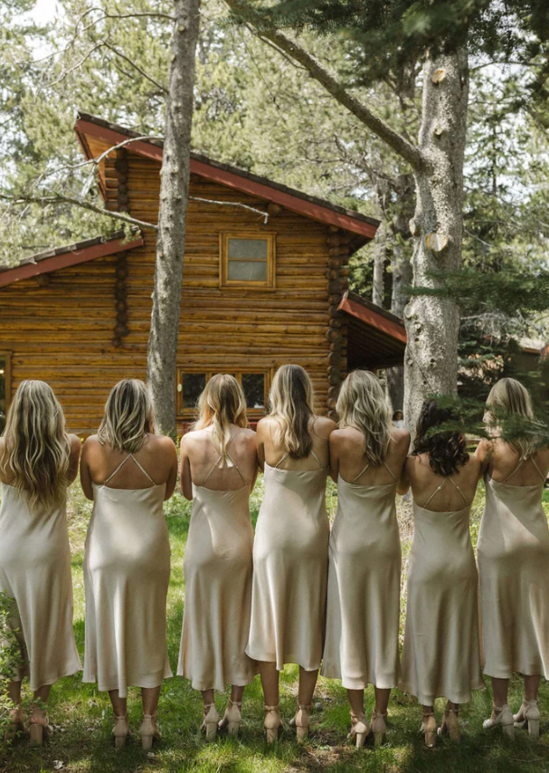 Simple Silk Satin Cowl Neck Spaghetti Strap Popular Tea Length Bridesmaid Dresses SH5587