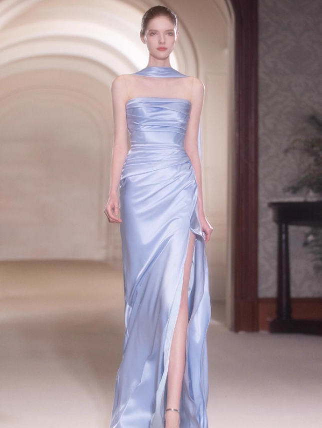 Elegant Sheath Beaded Lilac Satin Open Back Prom Dress Party Dress SH4078