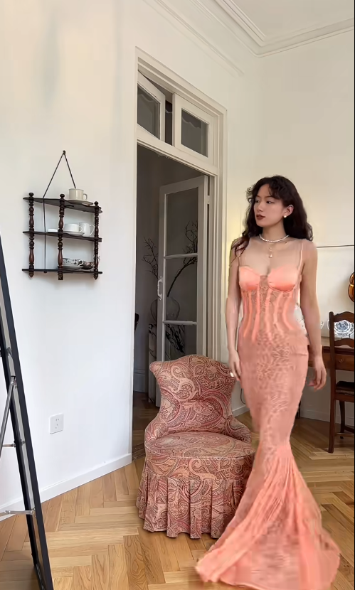 Elegant Mermaid Spaghetti Strap Orange Lace Long Prom Dress SH4569