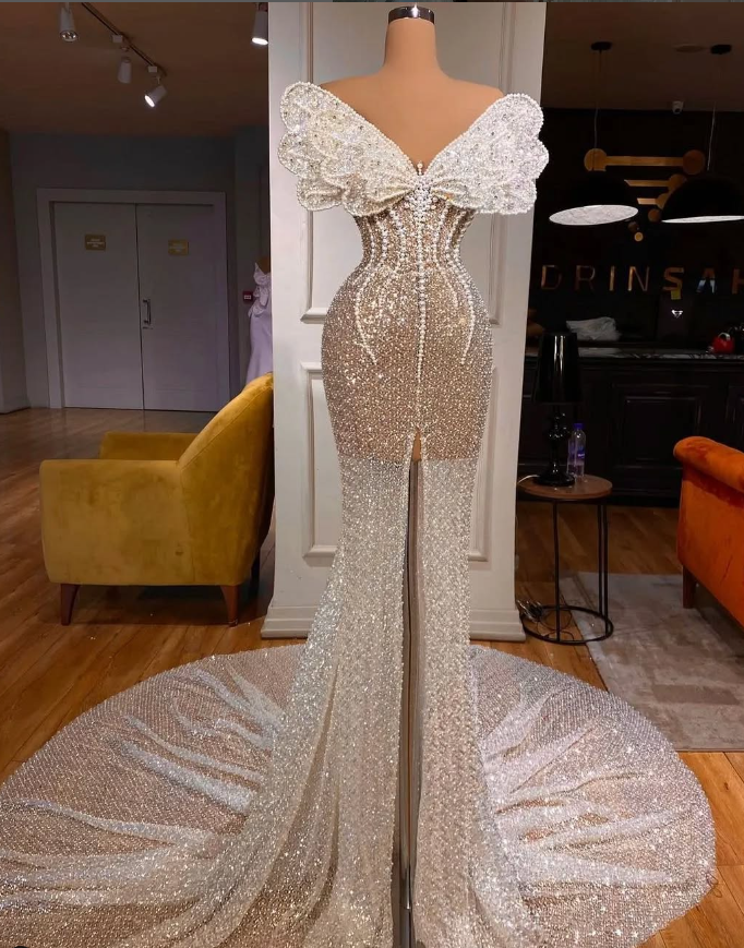 Gorgeous Mermaid Strapless Beaded Champagne Sequin Long Prom Dress Evening Dress SH2188