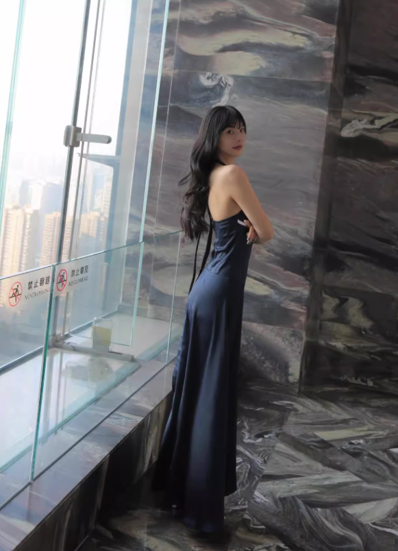 Navy Blue A Line Halter Bow Satin Open Back Prom Dress Evening Dress SH4397