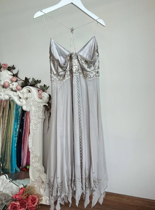 Vintage A Line Spaghetti Strap Grey Beaded Satin Chiffon Short Homecoming Dress SH4881