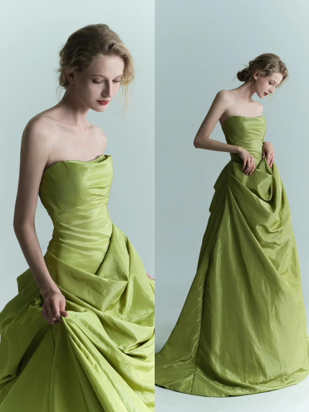 Charming Green Ball Gown Strapless Pleated Satin Prom Dress Formal Gown SH4307
