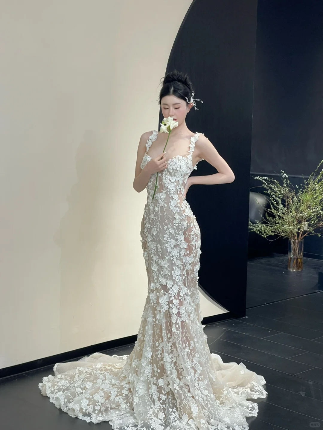 Stunning Mermaid Spaghetti Strap Floral Tulle Long Sweep Wedding Dress Prom Dress SH4718