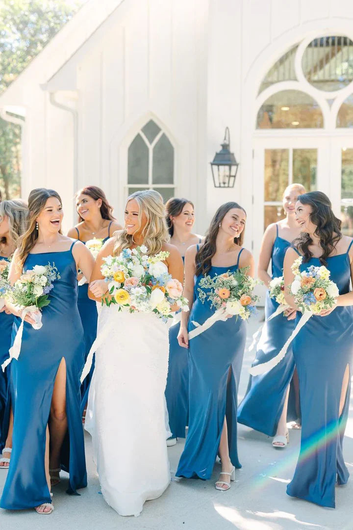Simple Mermaid Spaghetti Straps Blue Long Bridesmaid Dresses with Bow Back/Formal Wear Dresses SH2547