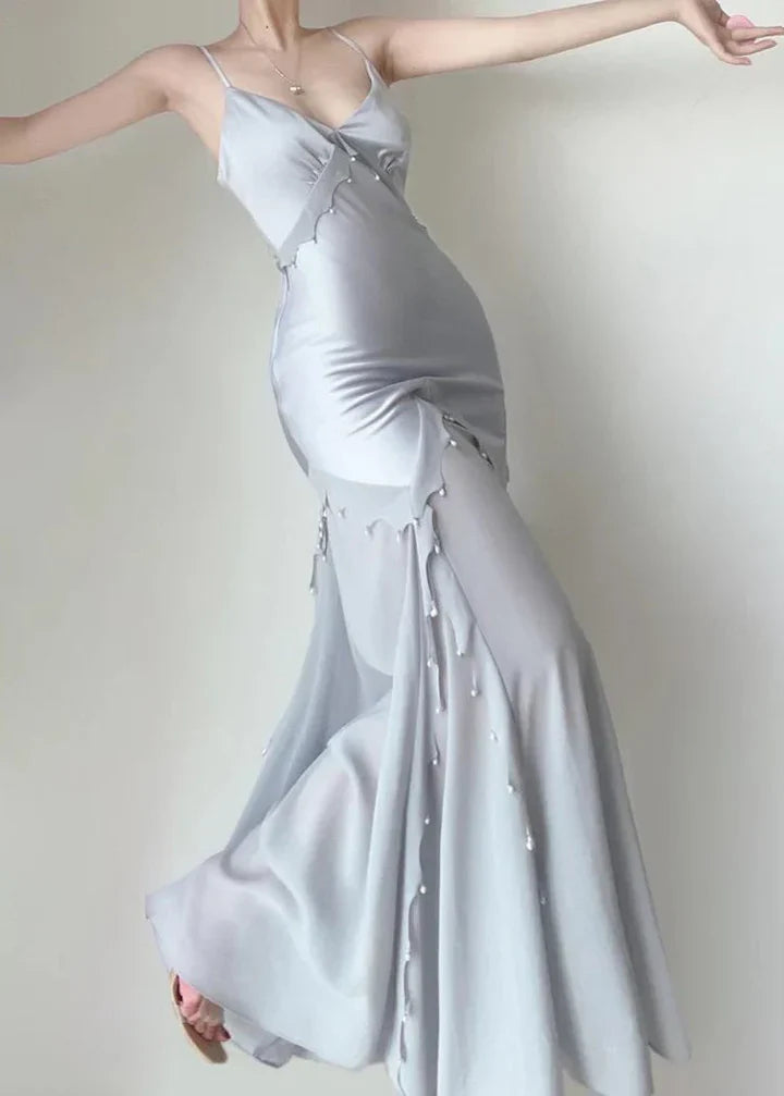 Elegant Mermaid Spaghetti Strap Pearl Grey Satin Long Prom Dress Evening Dress SH2624