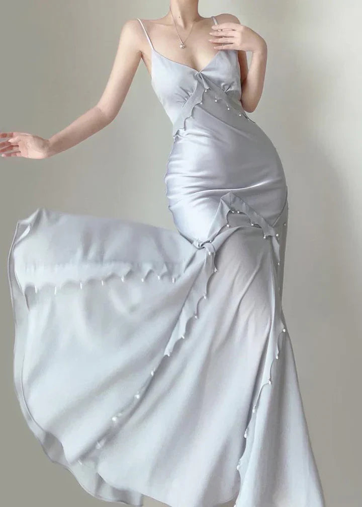 Elegant Mermaid Spaghetti Strap Pearl Grey Satin Long Prom Dress Evening Dress SH2624
