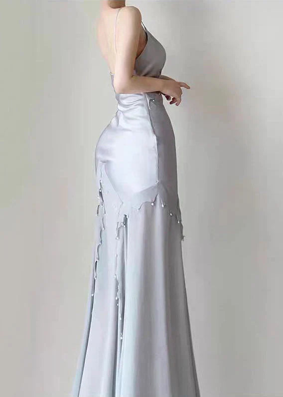 Elegant Mermaid Spaghetti Strap Pearl Grey Satin Long Prom Dress Evening Dress SH2624