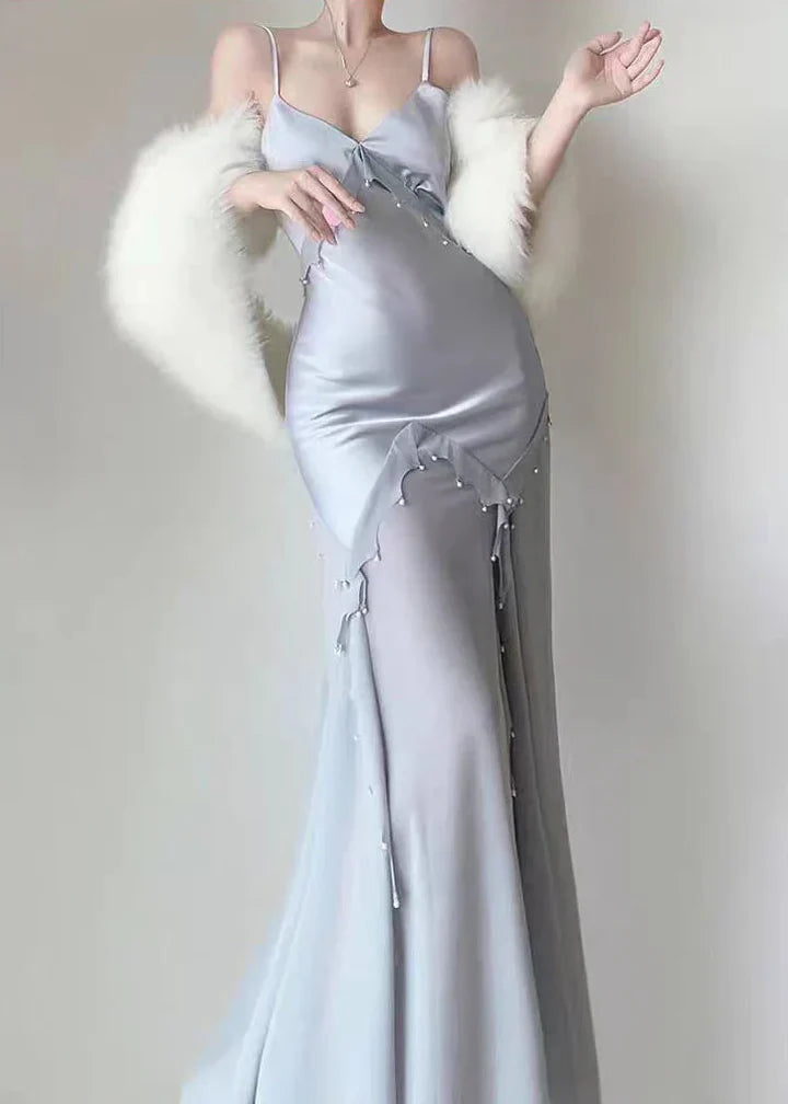 Elegant Mermaid Spaghetti Strap Pearl Grey Satin Long Prom Dress Evening Dress SH2624