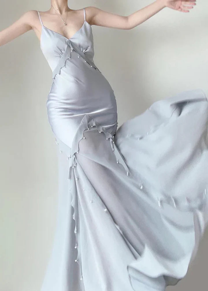 Elegant Mermaid Spaghetti Strap Pearl Grey Satin Long Prom Dress Evening Dress SH2624