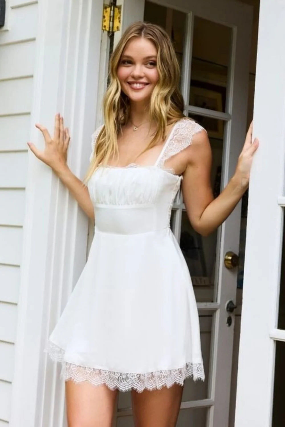 White Lace Trim A-Line Square Neck Homecoming Dress with Corset Back SH7837