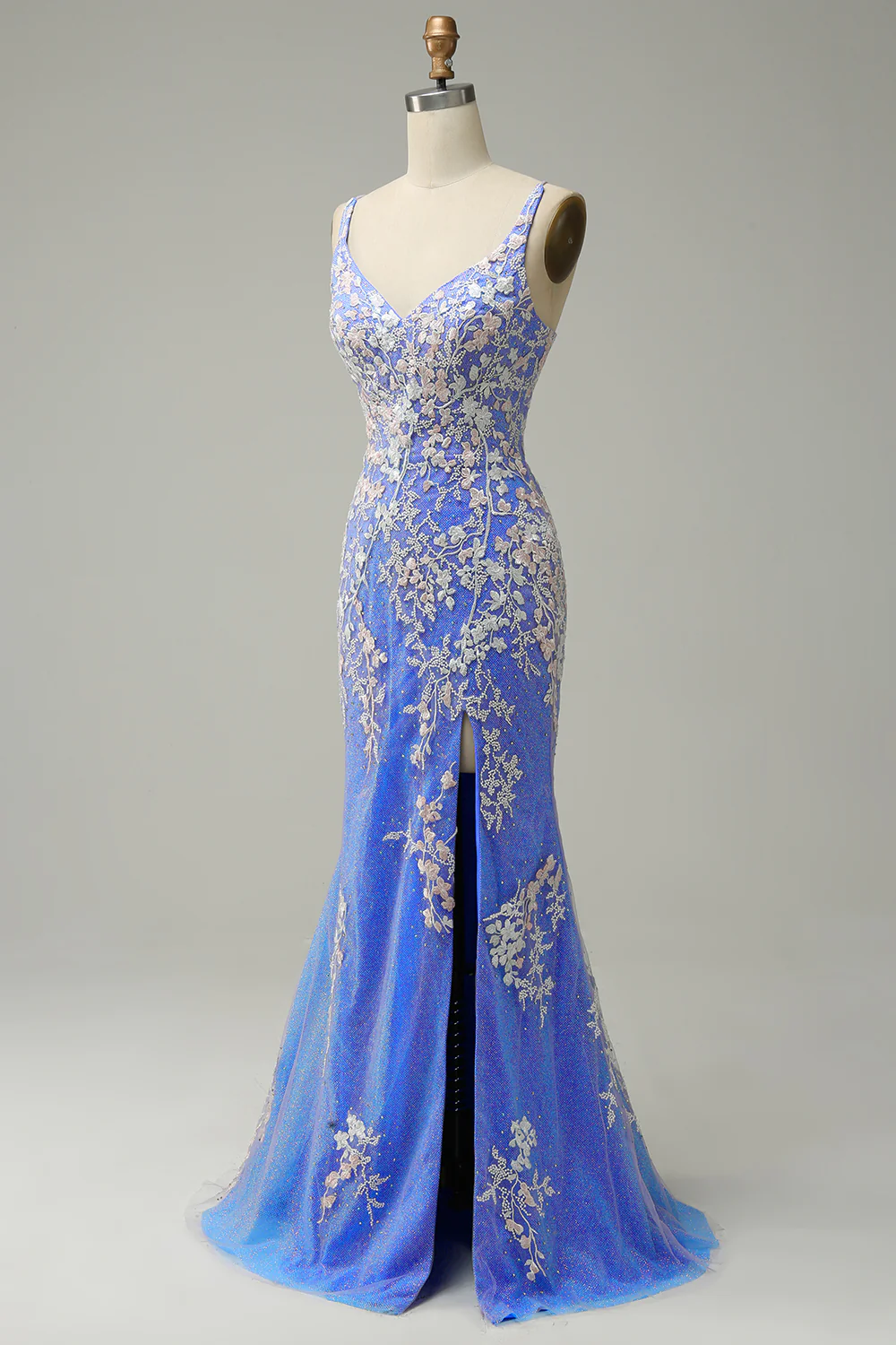 Charming Mermaid V Neck Light Blue Long Prom Dress With Appliques SH616