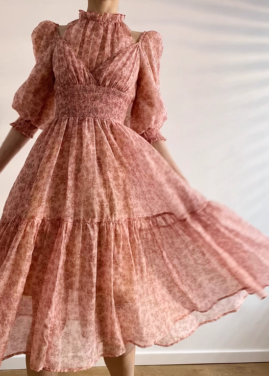 Pink A Line Puff Print Floral Chiffon Prom Dress Outfits SH4730