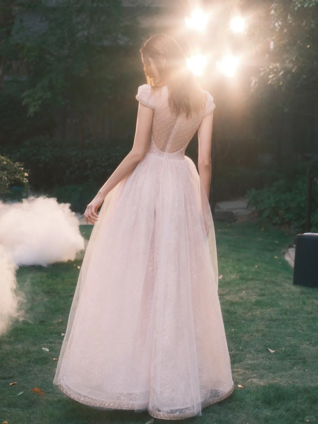 Princess A Line Round Neck Beaded White Lace Tulle Long Prom Dress Evening Dress SH3317