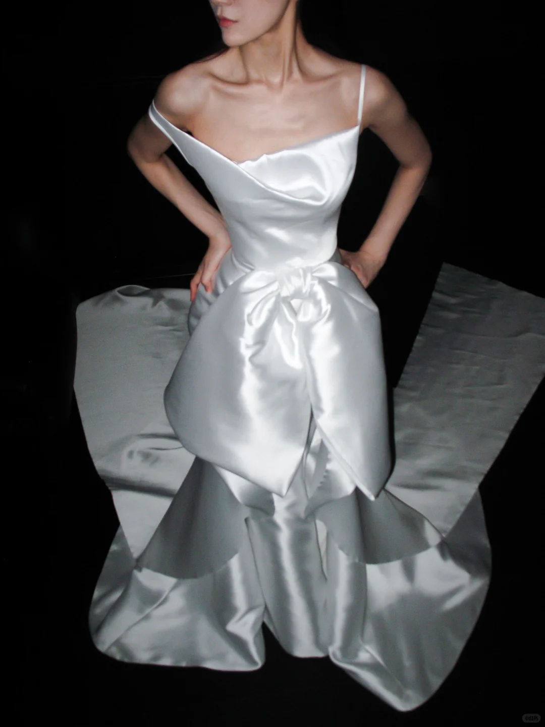 Stylish Mermaid Spaghetti Strap White Layered Satin Long Train Wedding Dress SH8900