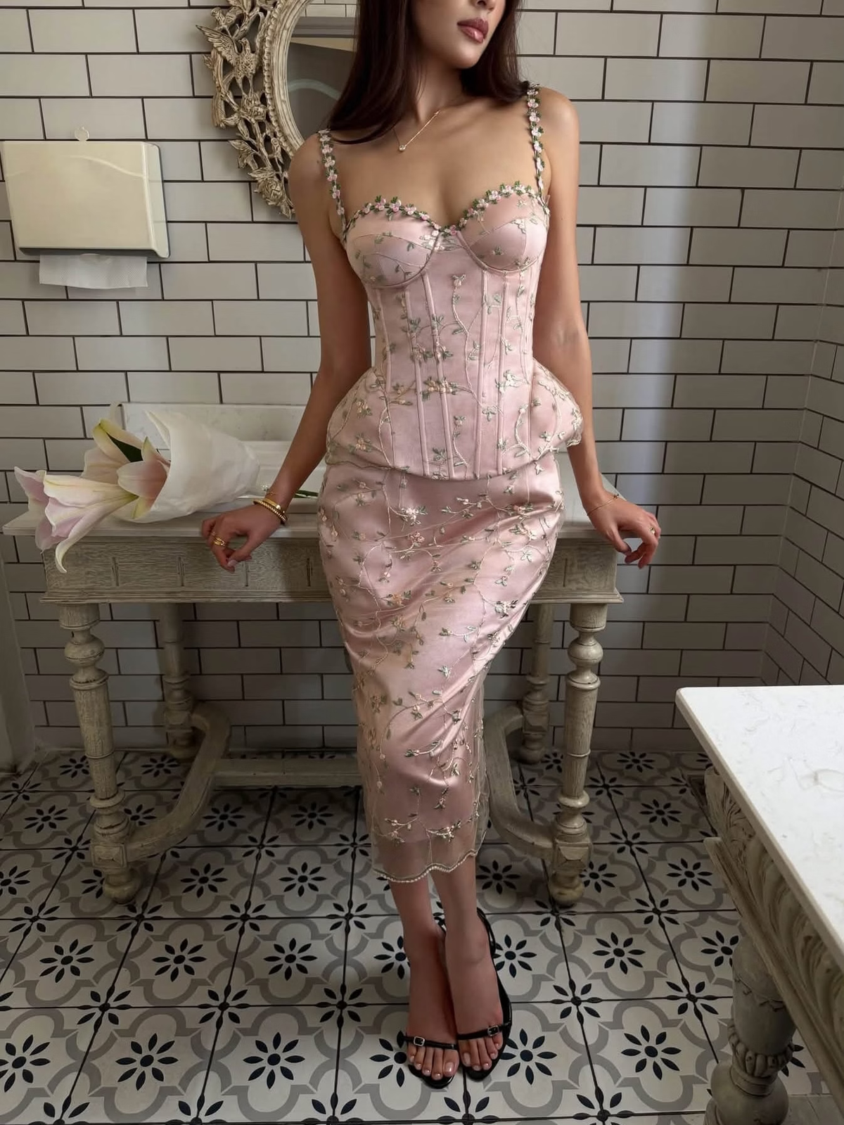 Two Piece Pink Sheath Strap Embroidery Satin Tulle Prom Dress Evening Dress SH8556
