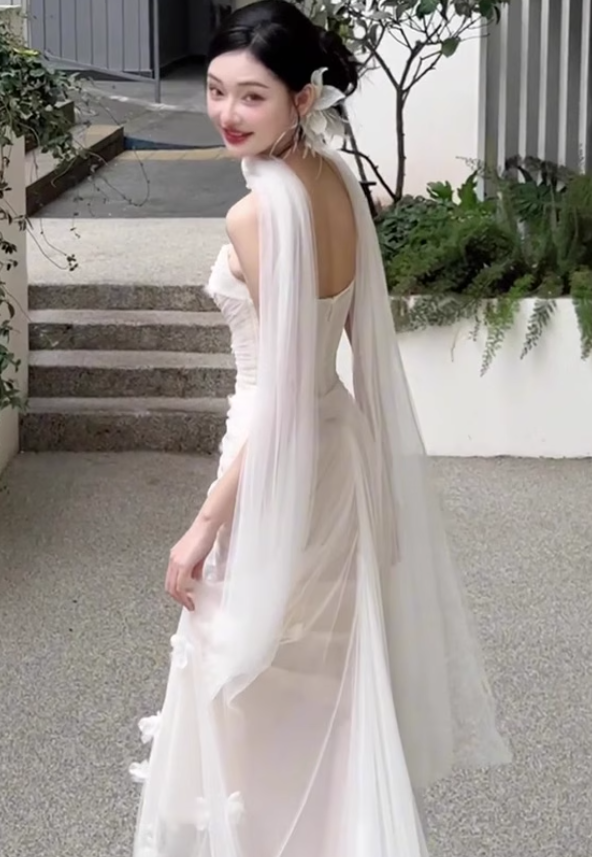 White Sheath Strapless Floral Pleated Tulle Long Prom Dress Wedding Dress SH4199