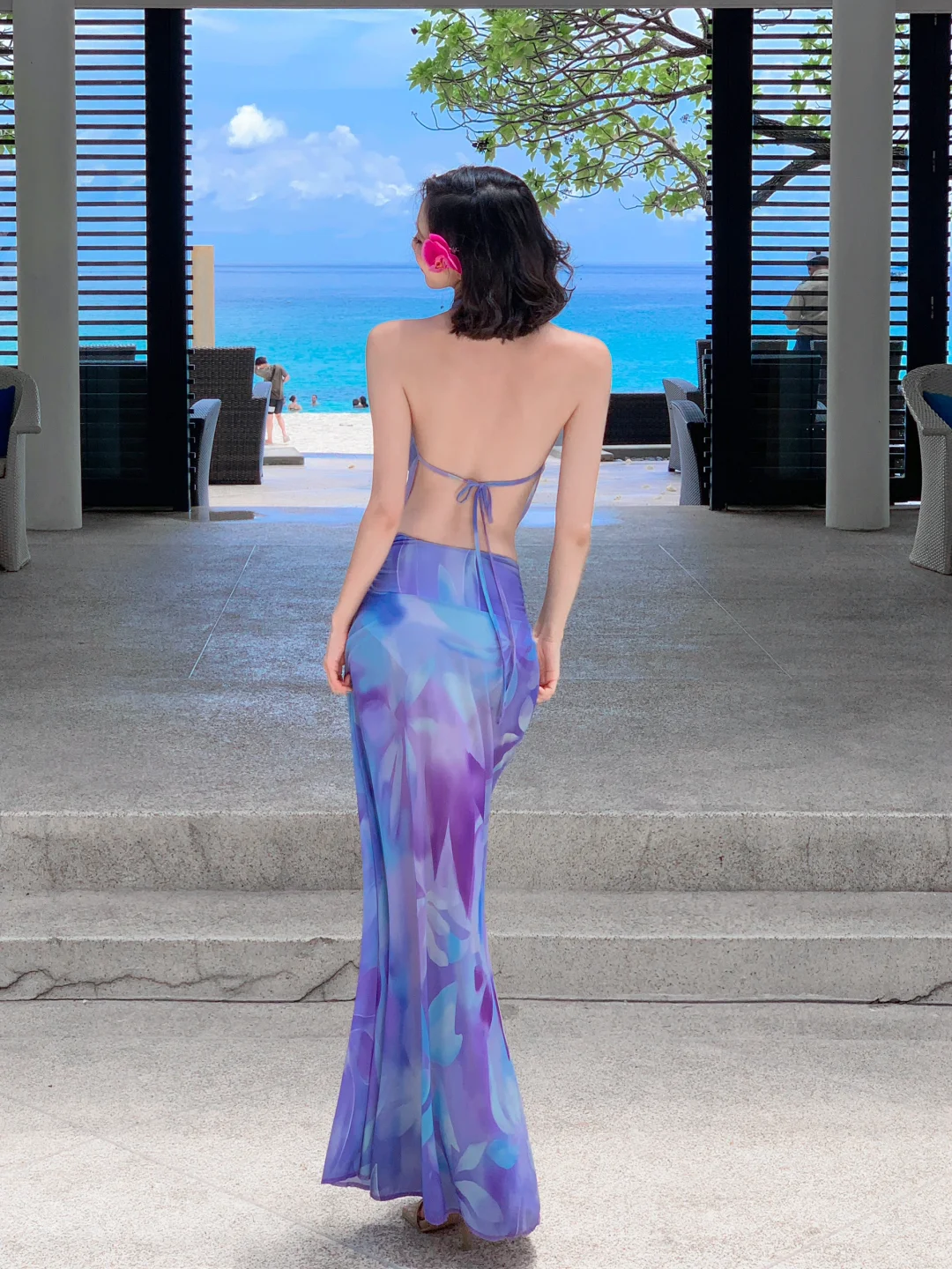 Two Piece Mermaid Halter Purple Print Floral Chiffon Long Prom Dress Outfits SH4332