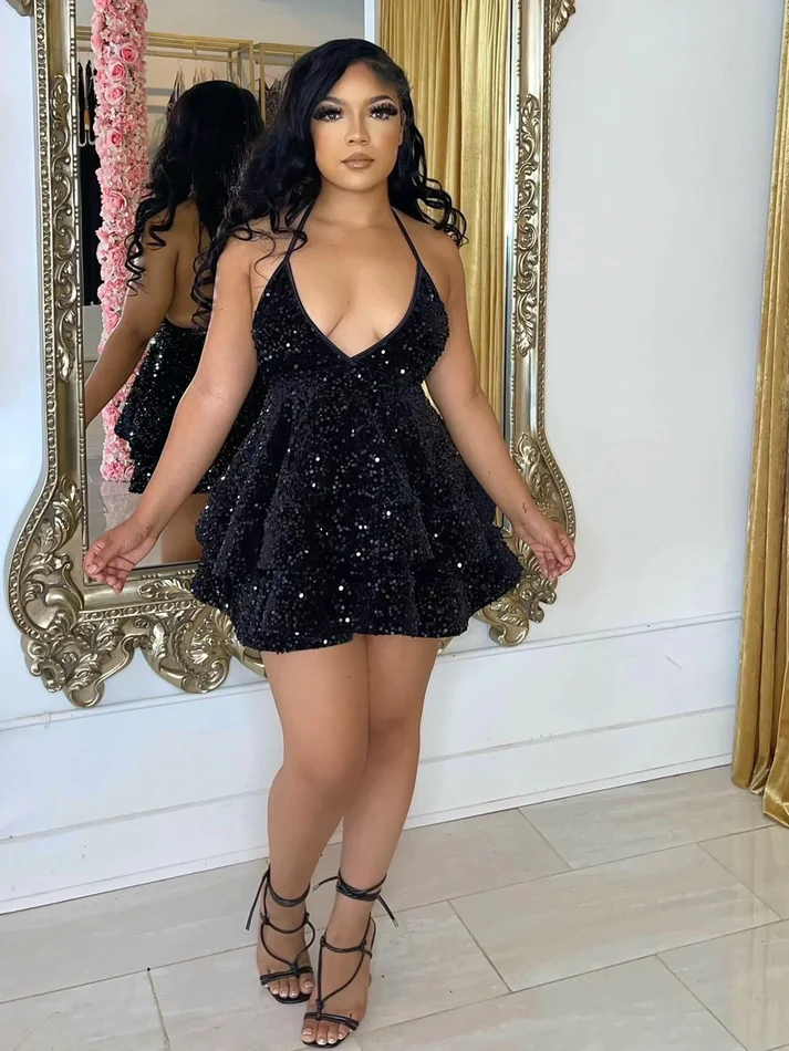 Sexy V-Neck Halter Pink Short Homecoming Dress Sequins Party Dress SH600