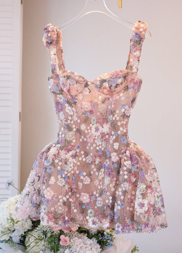 Sweety A Line Straps Embroidery Floral Pink Tulle Short Homecoming Dress Outfits SH6233