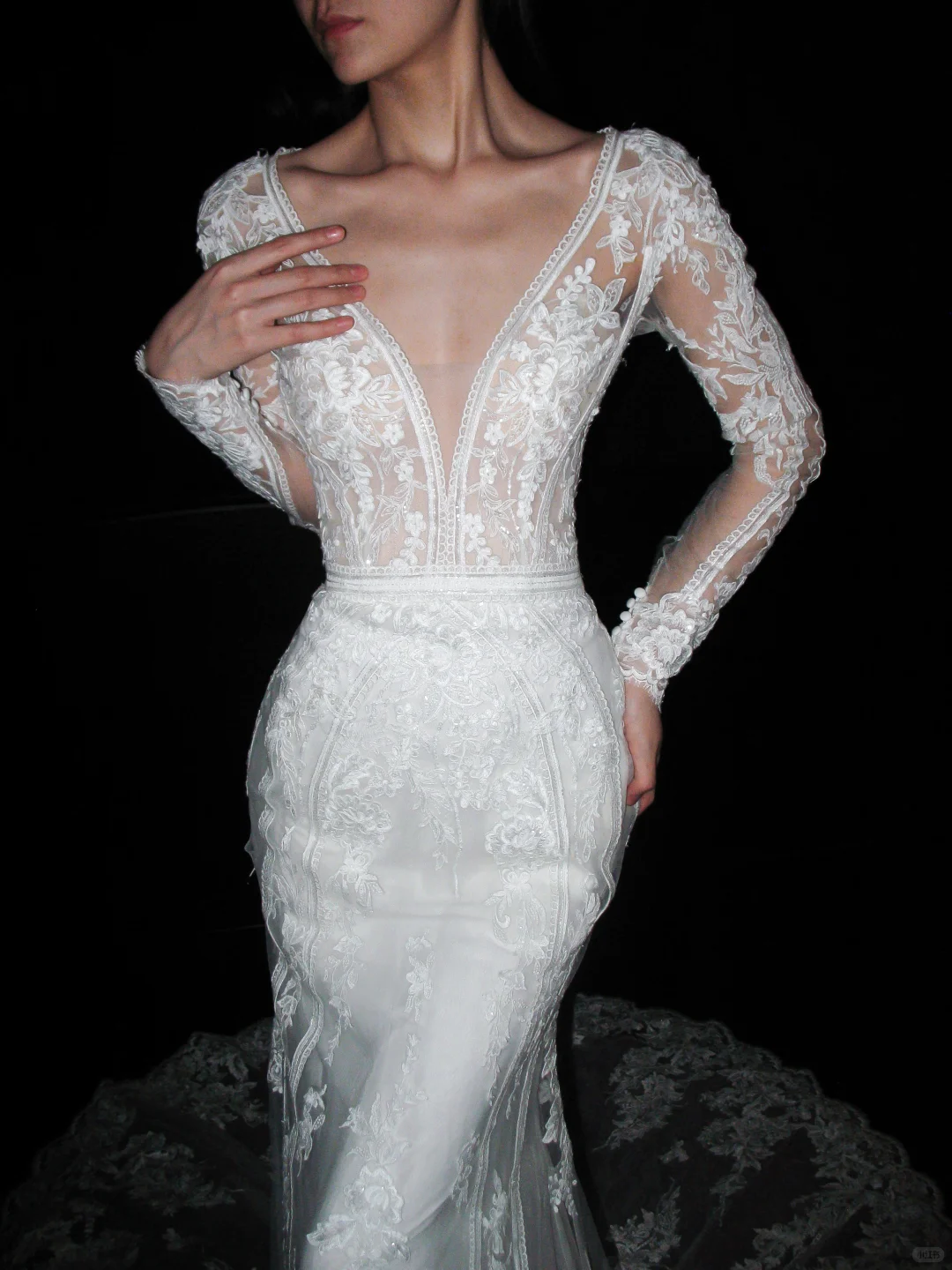 Elegant Mermaid Long Sleeve V Neck Lace Tulle Long Train Wedding Dress SH6614