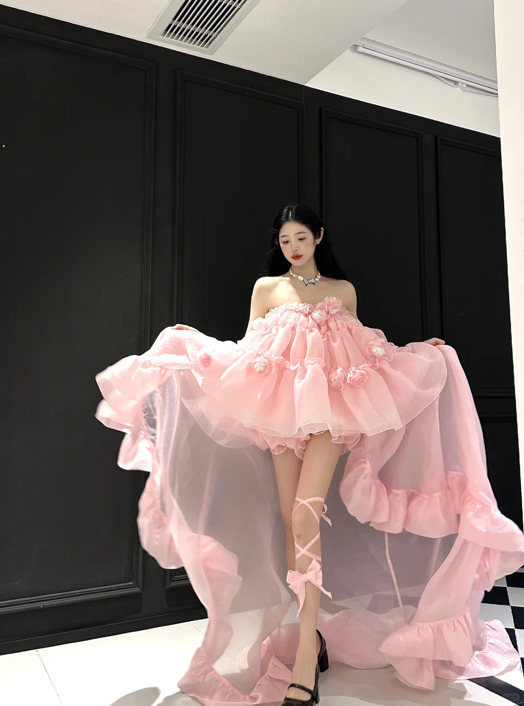 Cute A Line Strapless Floral Pink Organza Long Sweep Prom Dress Party Dress SH3399