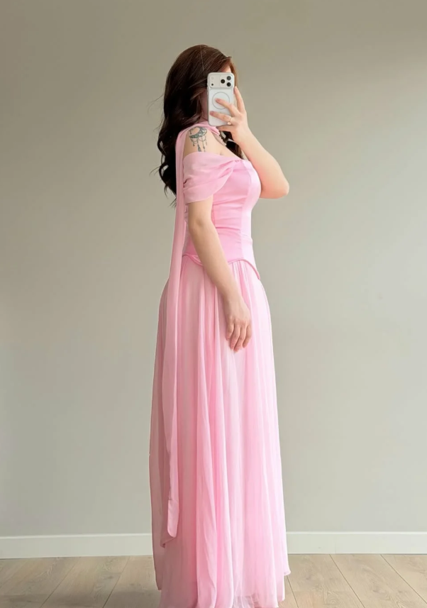 Simple Pink A Line Off the Shoulder Chiffon Satin Prom Dress Wedding Guest Dress SH5420