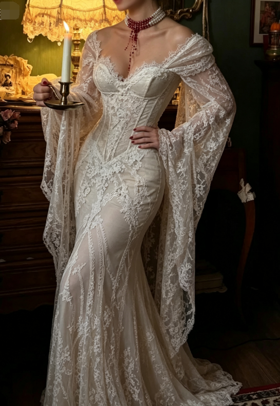 Vintage Charming Mermaid Long Sleeve White Lace Long Wedding Dress SH7092
