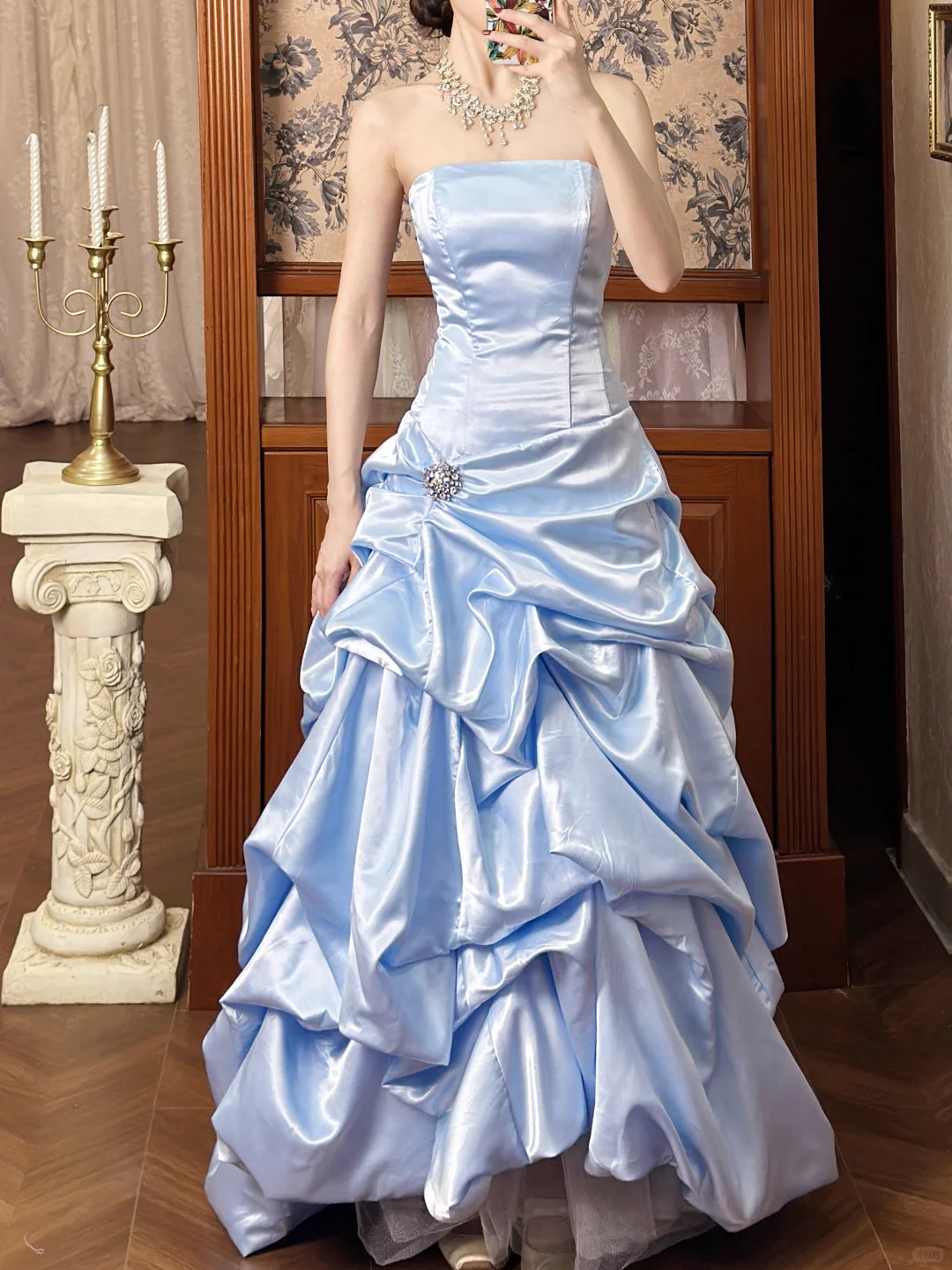 Blue Vintage Ball Gown Strapless Layered Satin Long Prom Dress 16th Birthday Dress SH5203