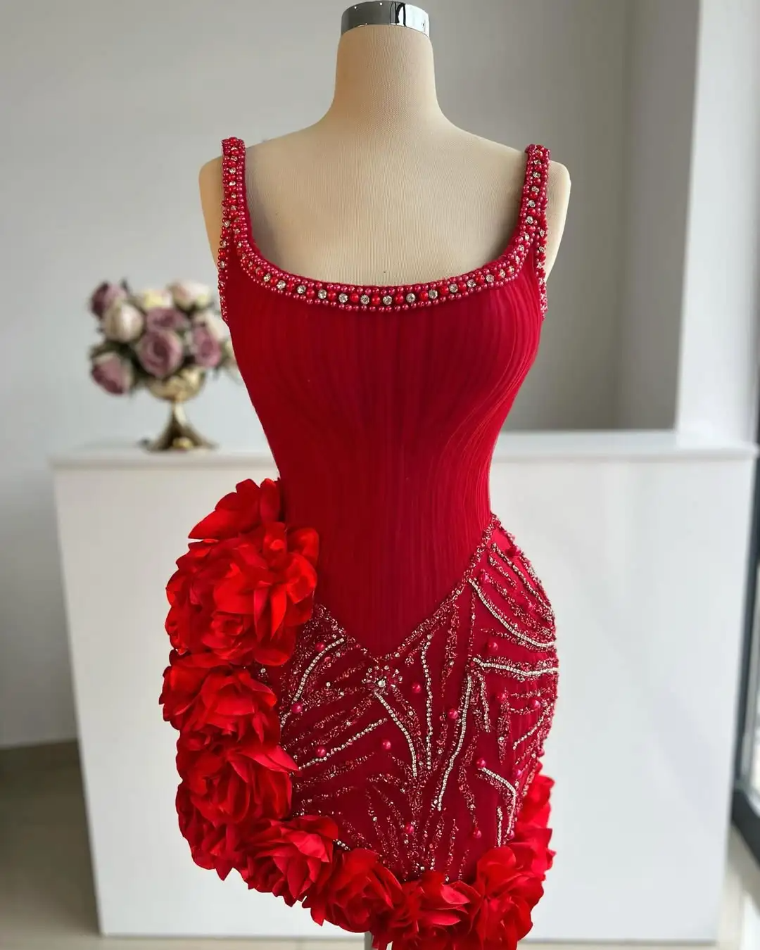 Stunning Sheath Straps Beaded Red Satin Tulle Short Homecoming Dress Cocktail Dress SH3195